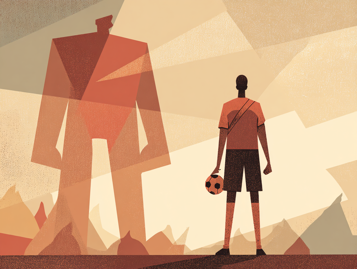 Stylized illustration of a young footballer with a ball standing before a giant opponent
